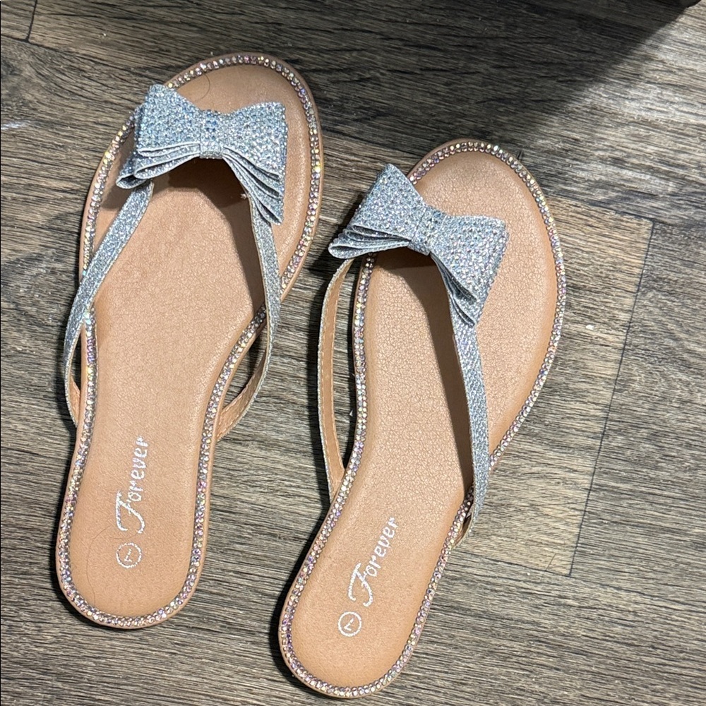 Forever Link Silver Bow Rhinestone Trim Sandals
